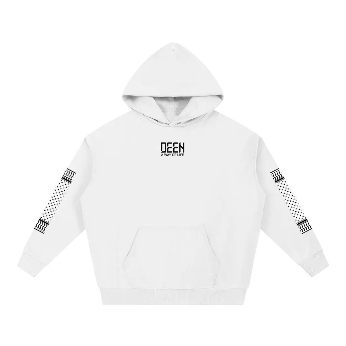 Keffiyeh Hoodie in white, front with the DEEN logo on the chest