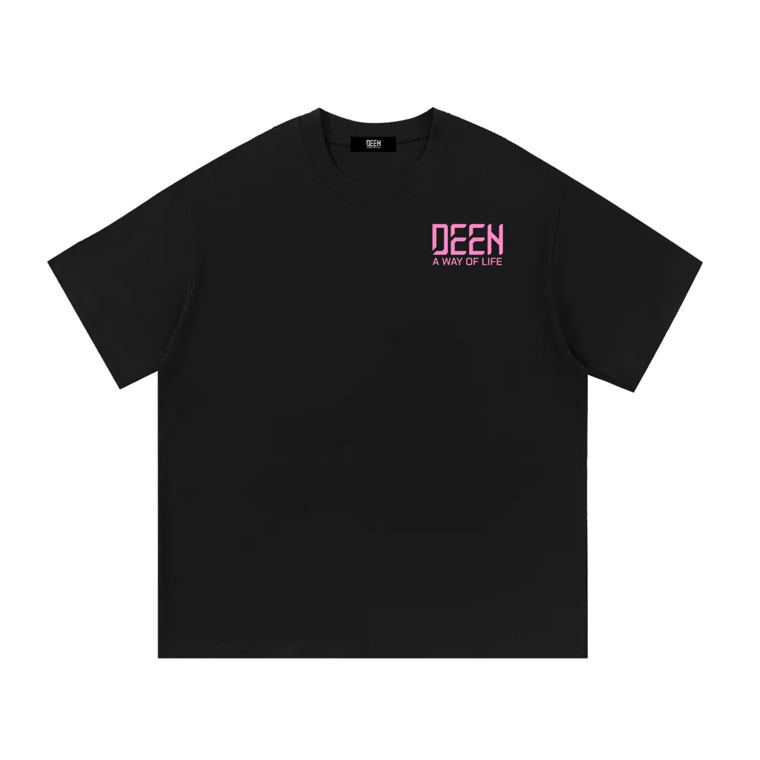 No Excuses Tee in black with pink, front with the DEEN logo on the chest